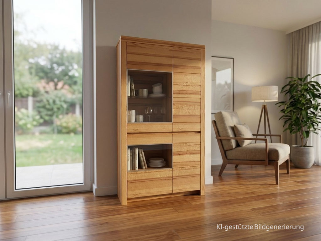 moderner brauner Vitrinenschrank stilvoll dekoriert in einem hellen Raum, Bild KI generiert
