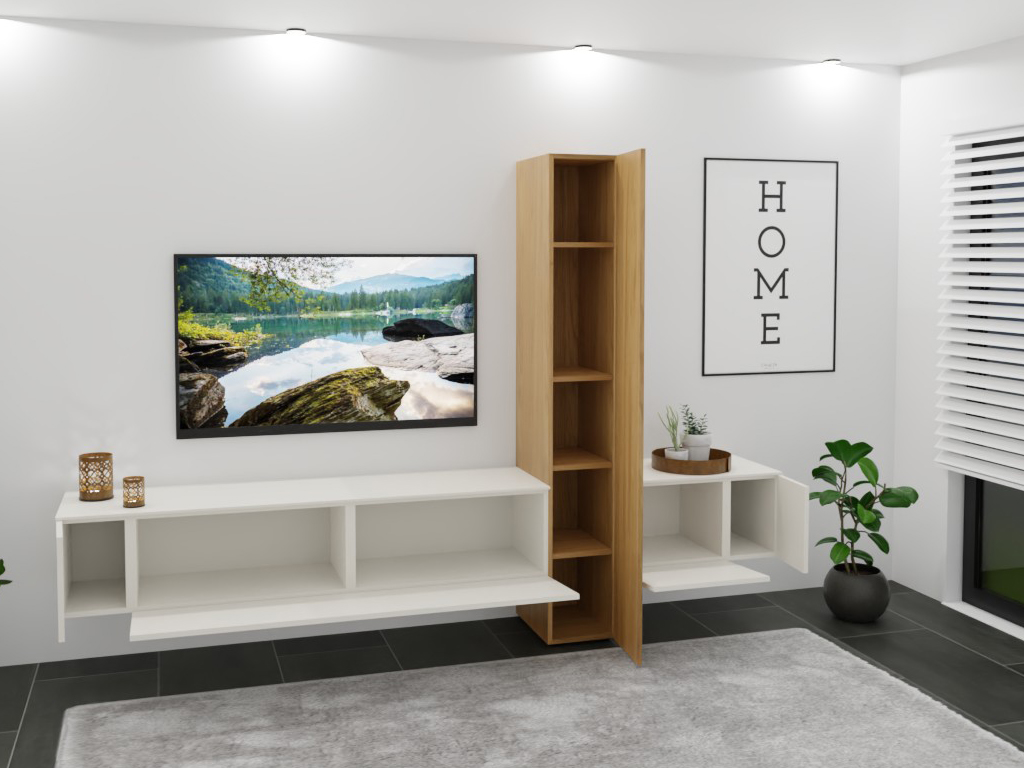 Ein modernes Wohnzimmer mit hellem Hängeregal und dekorativem Fernseher. Eine hölzerne Eckvitrine, Pflanzen und ein minimalistisches 'HOME'-Poster ergänzen das Ambiente.