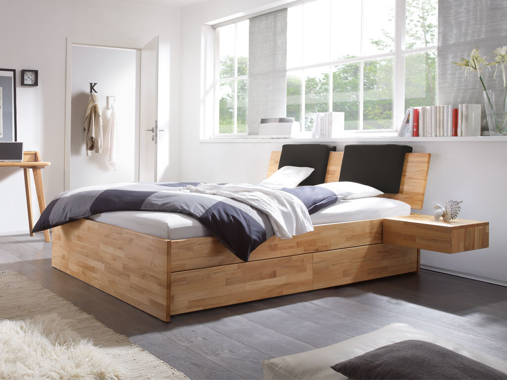 Hasena - Function Stauraumbett Ampezzo  | Kopfteil Varus inkl. Varo Kissen | Kernbuche natur geölt | alle Größen konfigurierbar