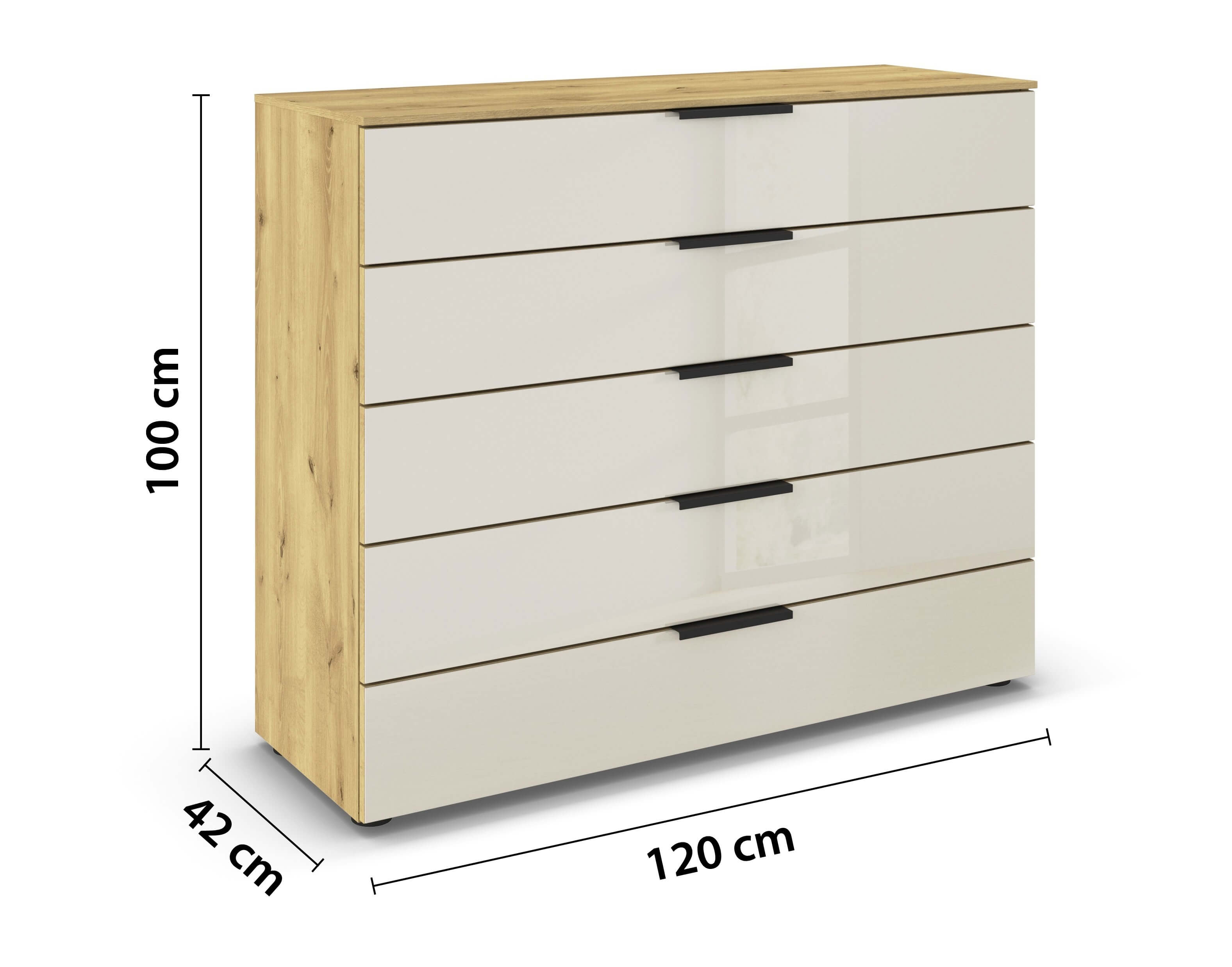 braun, beige Kommode mit schwarzen Griffen und mit fünf Schubladen mit Bemaßung vor weißem Hintergrund