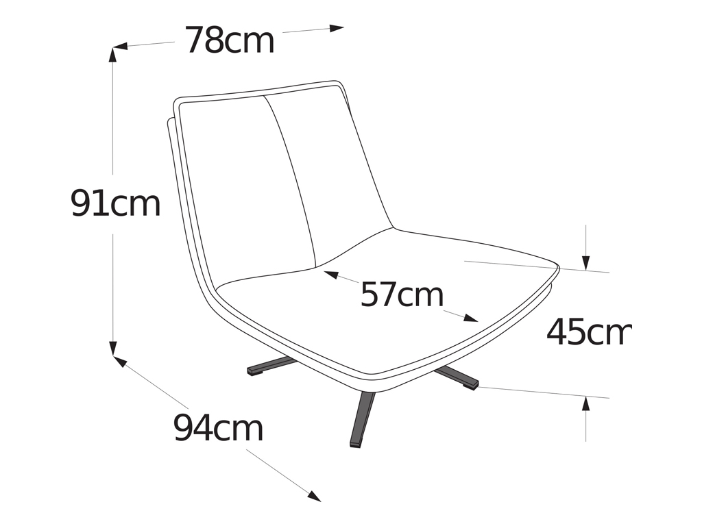 Zeichnung eines Sessels mit den Maßen: Höhe 91 cm, Breite 78 cm, Tiefe 94 cm, Sitzbreite 57 cm, Sitzhöhe 45 cm.