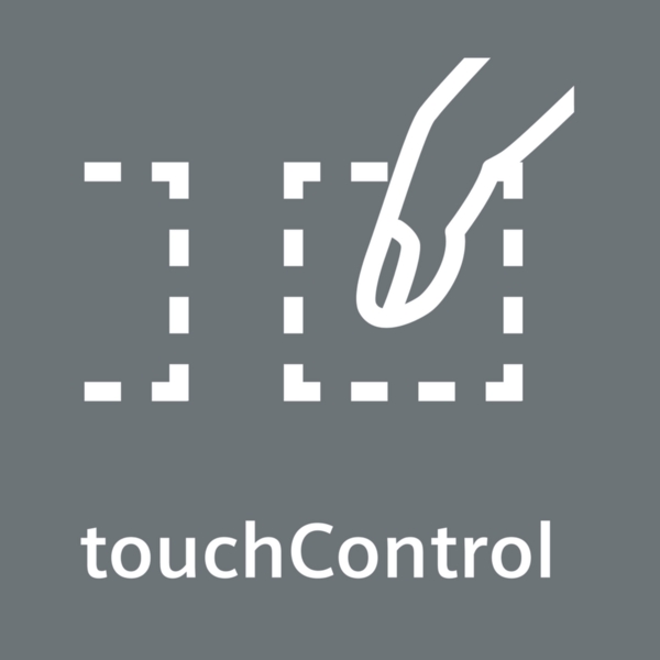 Symbol für touchControl mit gestricheltem Quadrat und Fingersymbol auf grauem Hintergrund