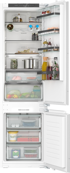 Siemens studioLine - Einbau-Kühl-Gefrier-Kombination iQ500 (193.5x55.8 cm) INKL. 5 JAHRE | KI96NSDD0 Offener Kühl-Gefrierschrank mit integriertem NoFrost-System und verschiedenen Lebensmitteln