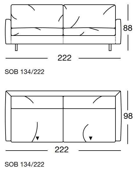 Maßzeichnung eines Sofaelement vor weißem Hintergrund freistil Rolf Benz 134 