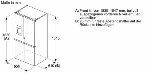 Schemazeichnung einer Kühl-Gefrierkombination mit detaillierten Abmessungen, einschließlich verstellbarer Front von 1830–1847 mm und 25 mm Abstandshalter an der Rückseite.