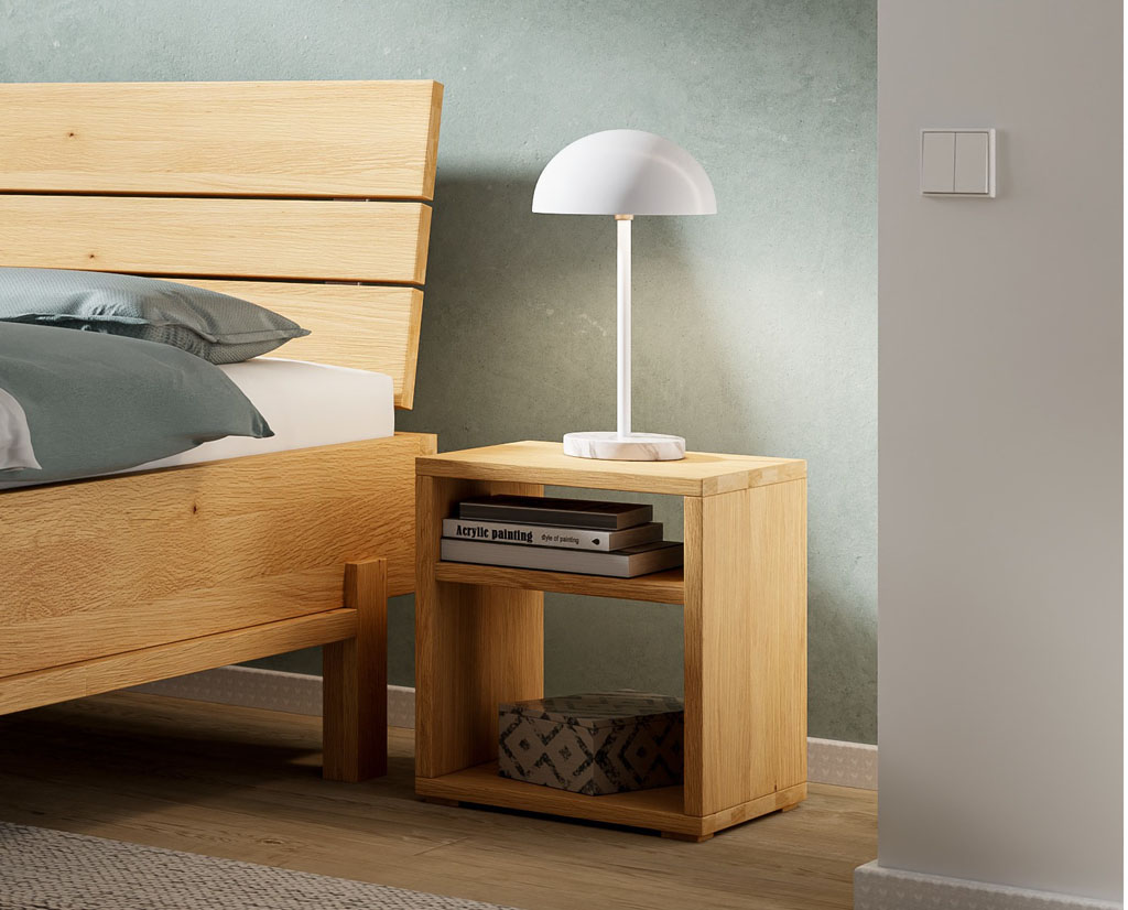 Moderner Nachttisch aus Holz mit Nachttischlampe im Schlafzimmer (KI-generiert)