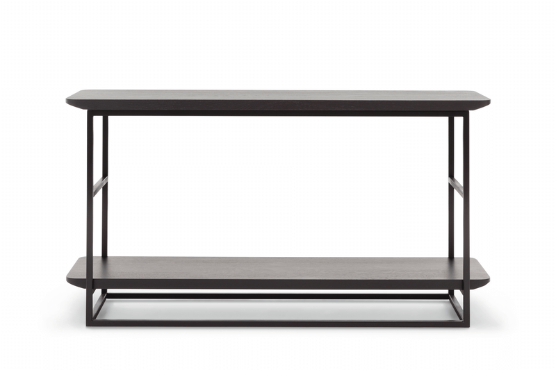 Ein eleganter Konsolentisch aus dunklem Holz mit stabilem schwarzem Metallrahmen, ideal für Flure oder Wohnzimmer