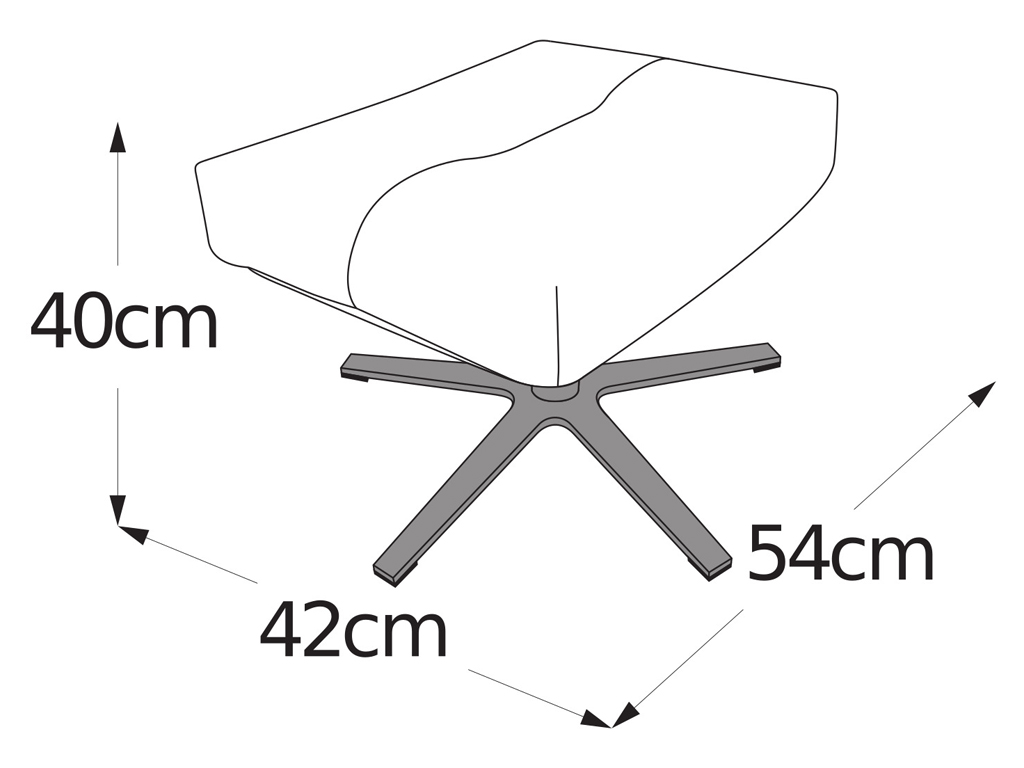 Illustration eines modernen Fußhockers mit den Maßen 40 cm Höhe, 42 cm Breite und 54 cm Tiefe auf einem stabilen Metallgestell.