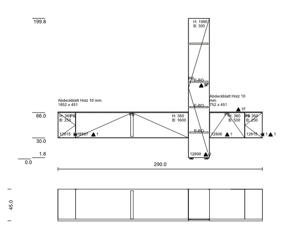 Architektonische Skizze eines Regalsystems mit detaillierten Abmessungen und Beschreibungen der verwendeten Materialien.