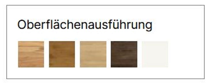 Eine Tabelle, die die Farbausführungen für das Bett "Broni" auflistet: verschiedene Holzoberflächen, eine schwarze Metallausführung und eine schwarze Stoffausführung.