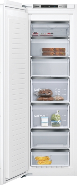 Siemens studioLine - Einbau-Gefrierschrank iQ500 (177.2x55.8 cm) INKL. 5 JAHRE GARANTIE | GI81NSCE0 Geöffneter Einbau-Gefrierschrank mit NoFrost-Technologie, verschiedene Lebensmittel in transparenten Fächern sichtbar