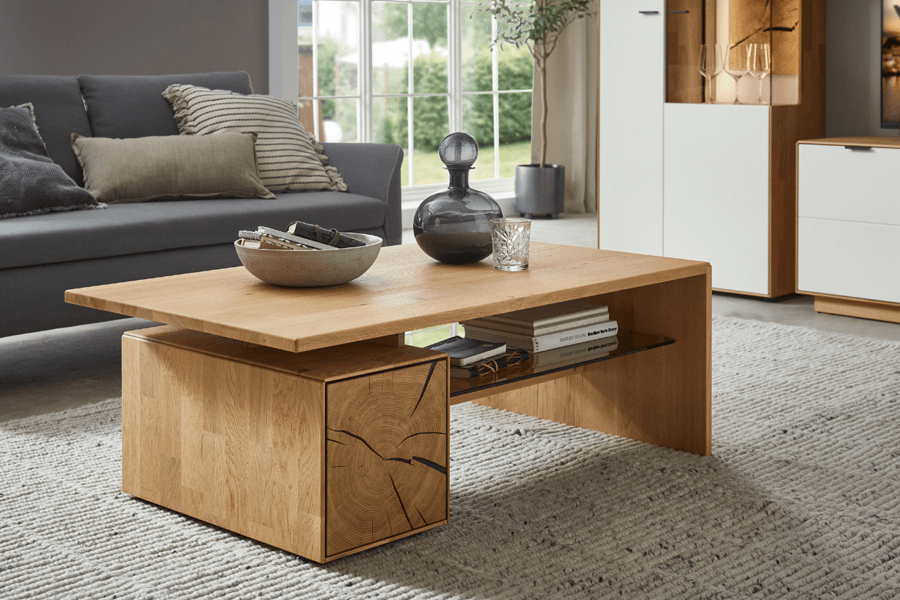 Massivholz Couchtische mit Höhenverstellung und zweiter Ablage