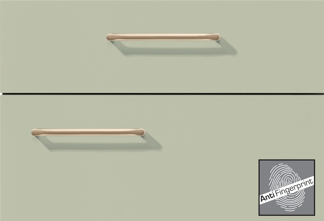Grün-graue, premium matte Lackfronten mit Anti-Fingerprintbeschichtung und roségoldenen Griffen, inklusive Fingerabdruck-Symbol.