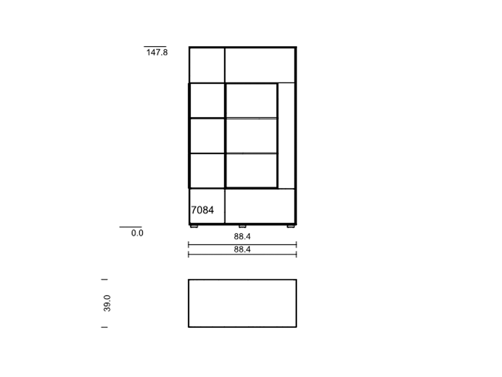 Technische Zeichnung eines Schranks mit den Maßen 147,8 cm Höhe, 88,4 cm Breite und 39,0 cm Tiefe