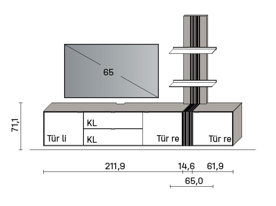 Illustration einer Wohnwand mit Maßangaben vor weißem Hintergrund