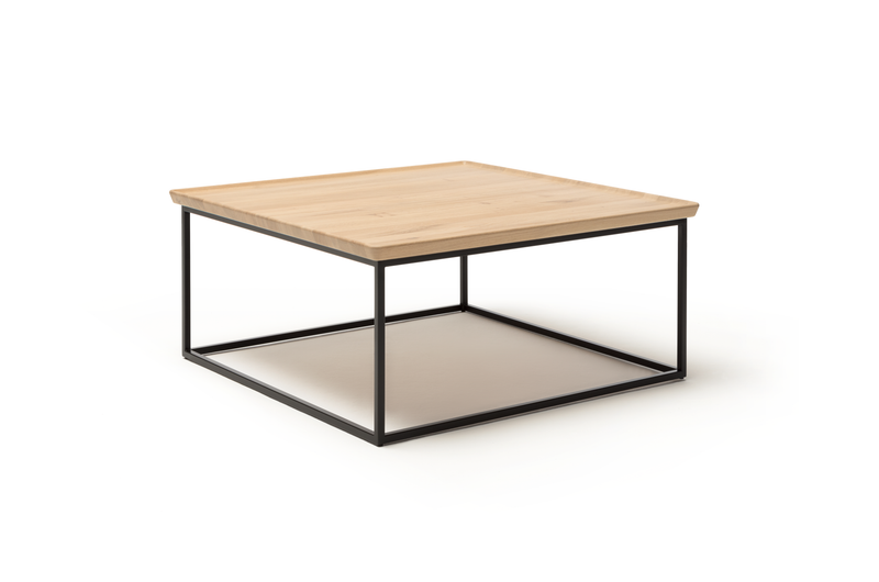 Quadratischer Couchtisch mit heller Holzplatte und schwarzem Metallrahmen