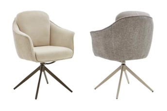 zwei moderne Polsterstühle in beige grau mit Metallgestell vor weißem Hintergrund