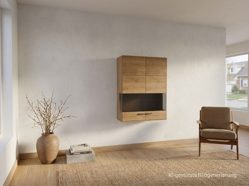 Moderne braune Hängevitrine mit markantem Griff stilvoll dekoriert in einem modernen Zimmer, Bild KI generiert