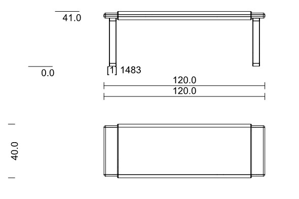 Maßzeichnung einer Bank vor weißem Hintergrund
