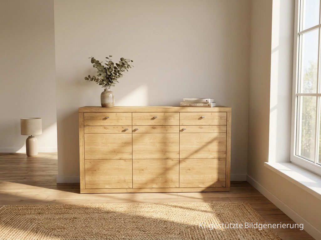 modernes braunes Highboard stilvoll dekoriert in einem hellen Raum, Bild KI generiert