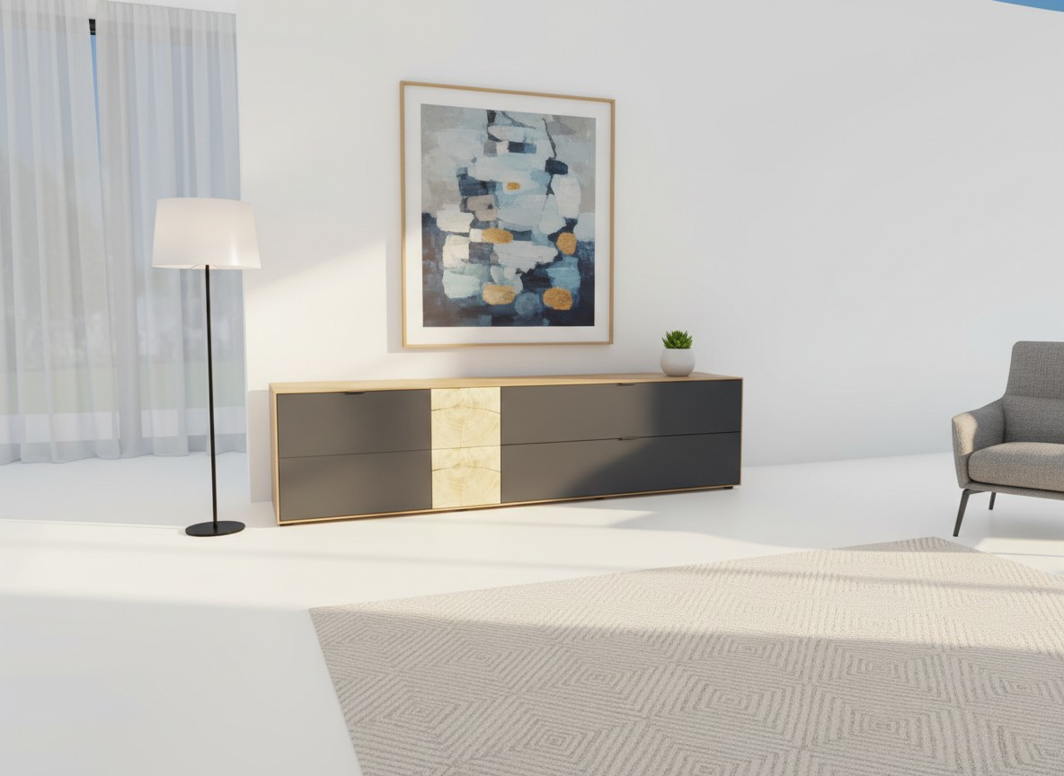 modernes braun graues Lowboard stilvoll dekoriert in einem modernen Zimmer