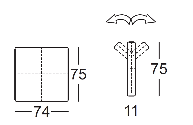 Technische Zeichnung zeigt ein quadratisches Element mit Maßen 74x75 mm und ein rotierbares Element mit Pfeilen und Maßangaben von 75 mm und 11 mm.