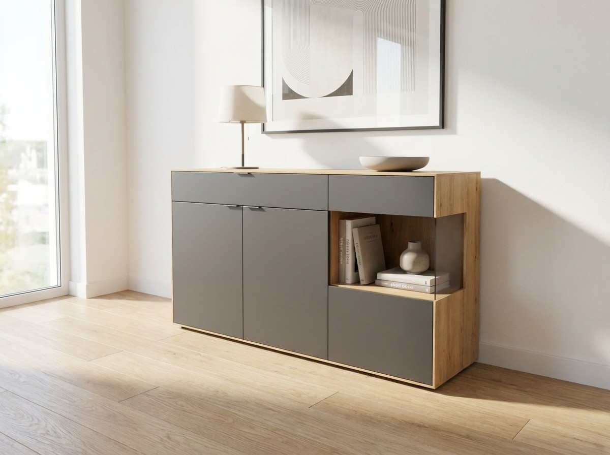modernes braun graues Sideboards stilvoll dekoriert in einem modernen Zimmer