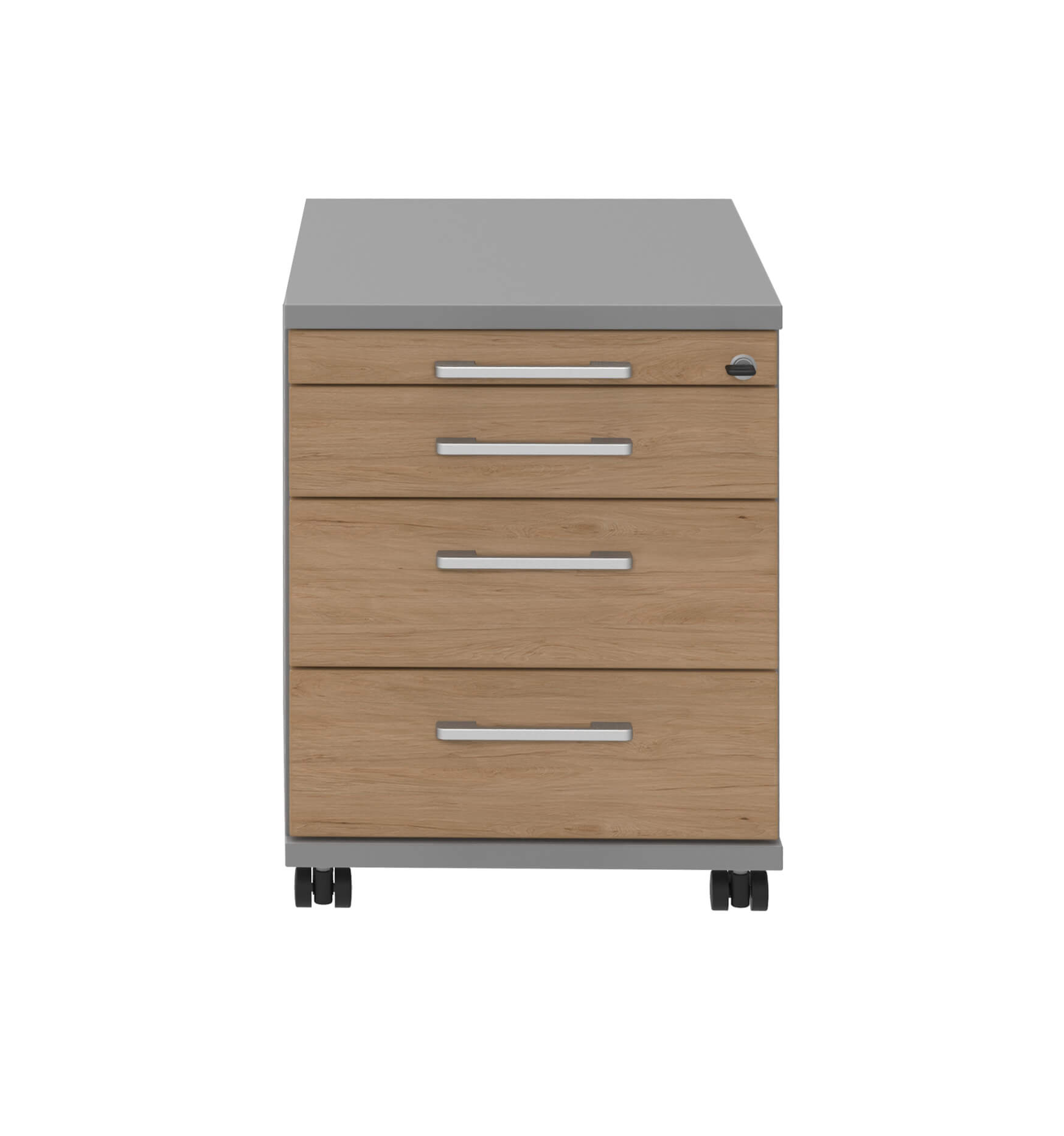 Rollcontainer mit vier Schubladen in Holzoptik und Metallgriffen auf Rollen