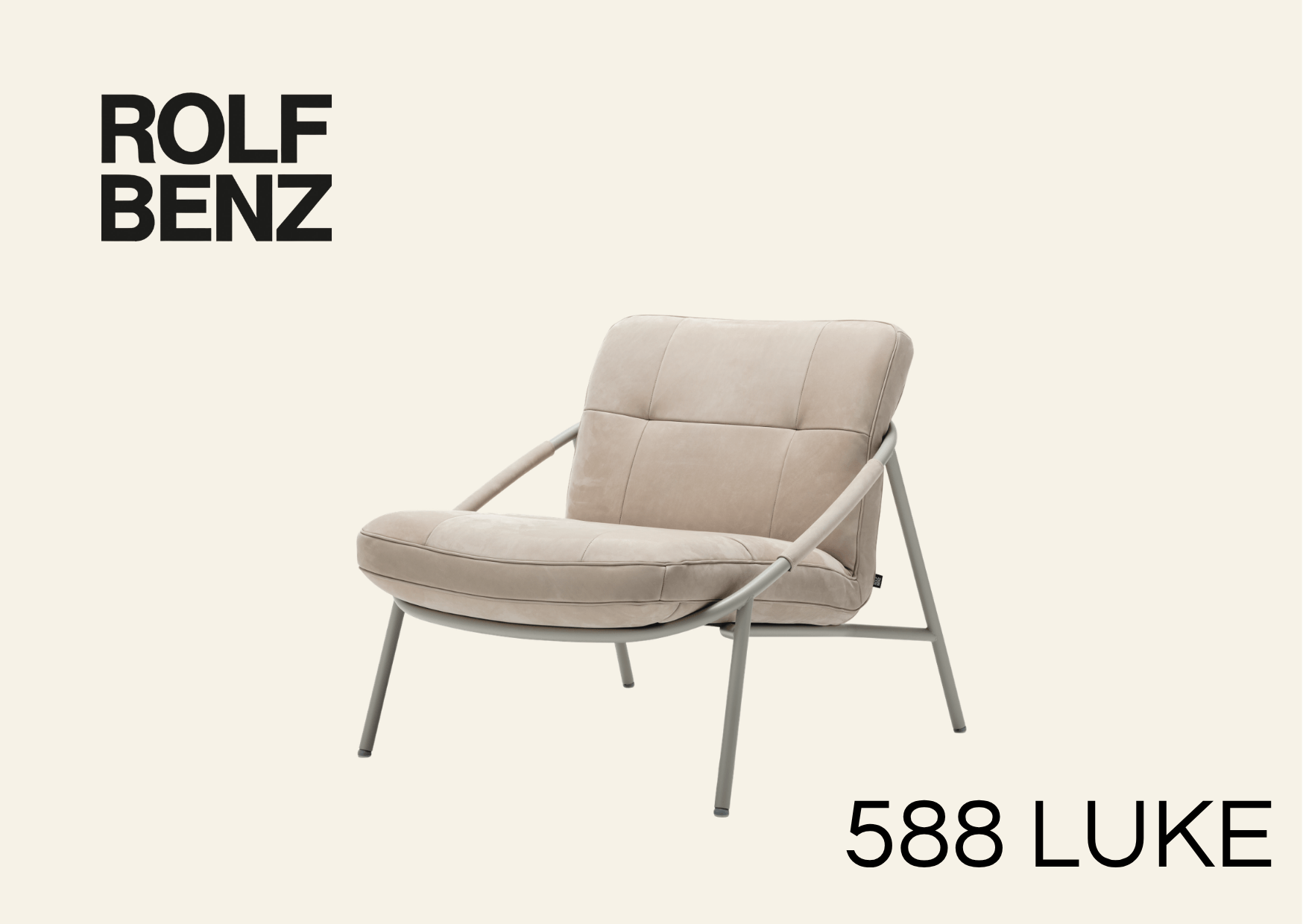 Weißer Loungesessel mit Metallarmlehnen. Bildaufschrift: Rolf Benz 588 Luke.