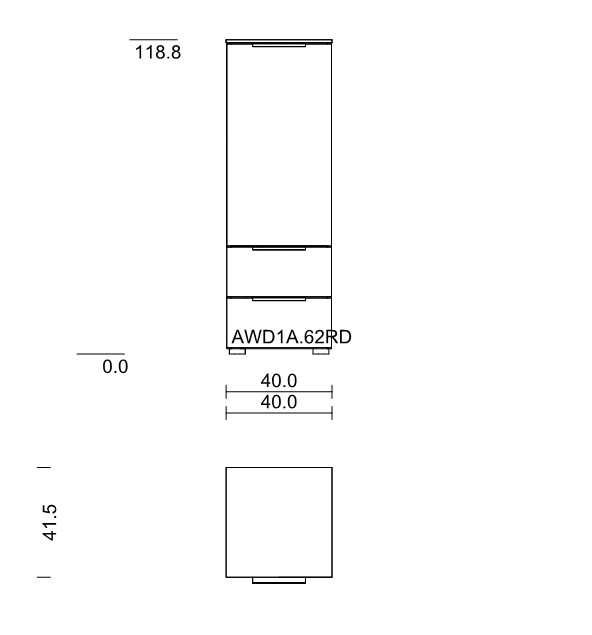 Maßzeichnung einer Kommode mit zwei Schubladen und einer Tür vor weißem Hintergrund
