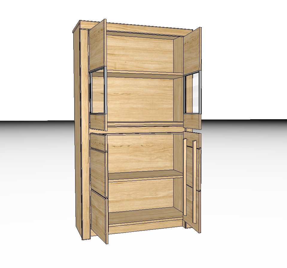 Hölzerner Aufbewahrungsschrank mit offenen Glastüren und Ablagen