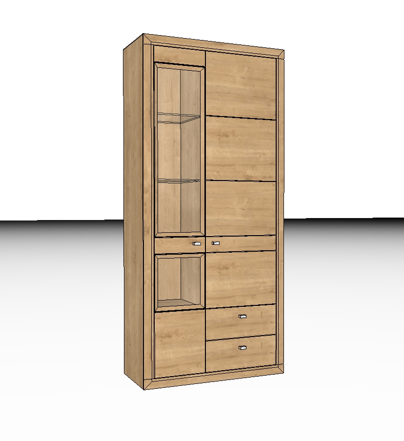 Wöstmann Aurum - Hochschrank mit Schubladen | Type 5983/5984 | B: 92,2 cm | Wildeiche massiv | konfigurierbar Ein moderner Holzschrank mit mehreren Schubladen und zwei Glaseinsätzen, ideal zur Aufbewahrung und Auslage von Gegenständen.