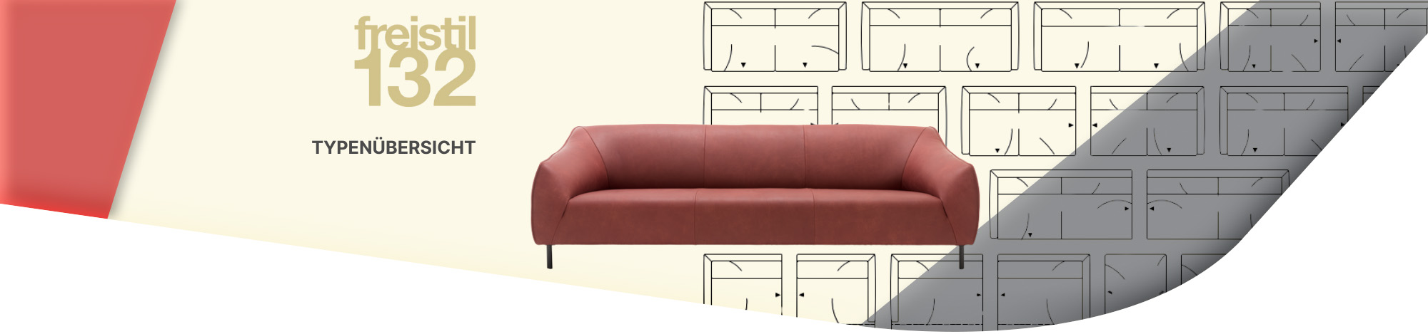rote Ledercouch mit Aufschrift "freistil 132 Typenübersicht"