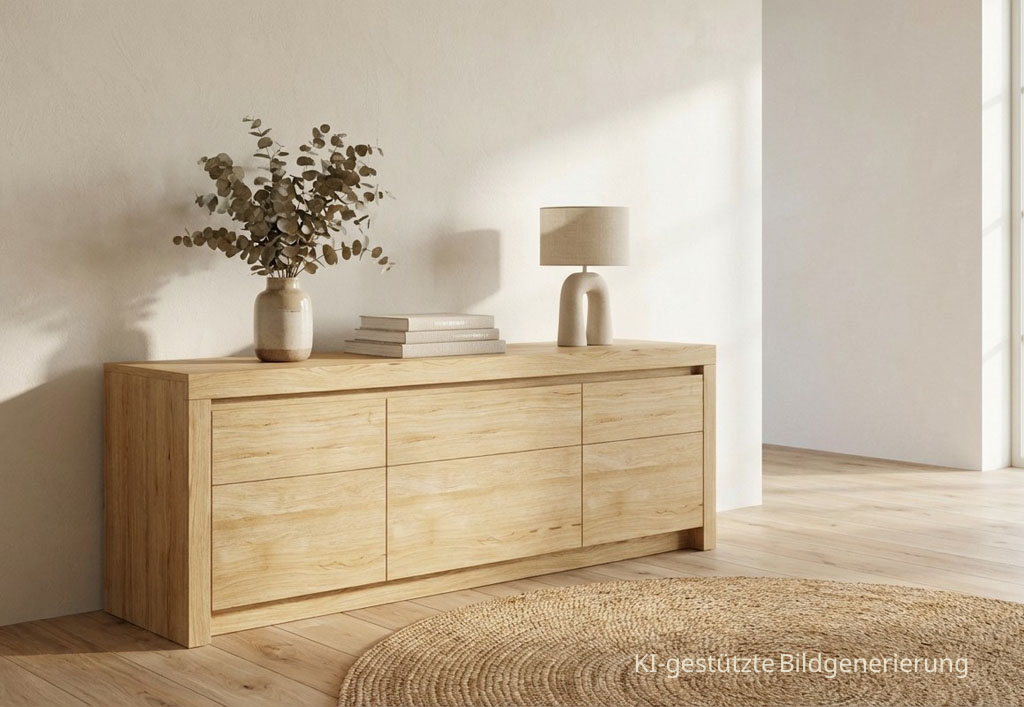 braunes Lowboard stilvoll dekoriert in einem modernen Zimmer, Bild KI generiert