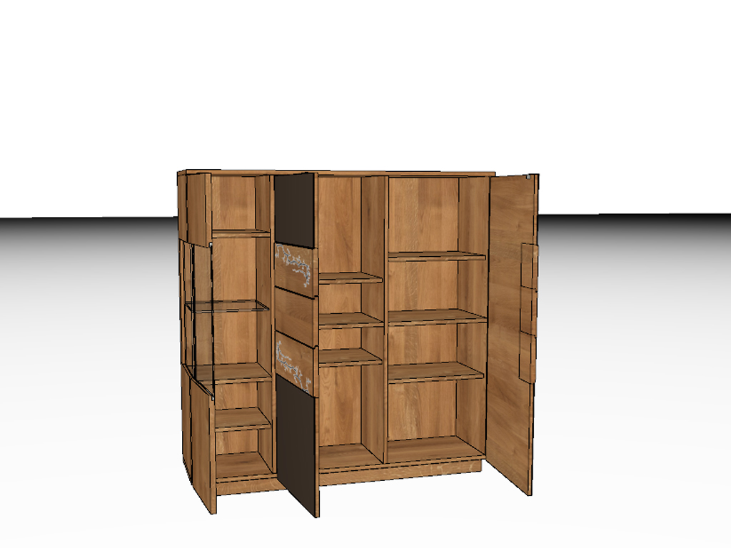 3D-Darstellung eines modernen Holzschranks mit mehreren Regalböden und einer geöffneten Tür, ideal für Wohnzimmer- oder Büroumgebungen