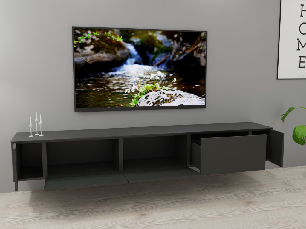 Schwarzes TV-Board mit geöffnetem Fach, darüber ein Naturbild an der Wand, minimalistisches Wohnzimmerdesign mit Kerzen und Pflanze
