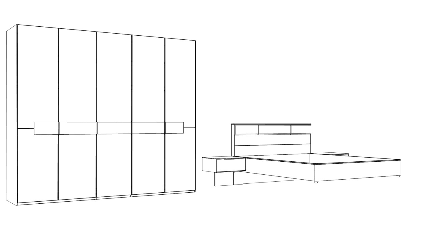 Illustration eines fünftürigen Schrankes und einem Bett mit Nachtschränken vor weißem Hintergrund