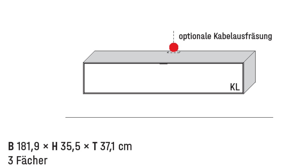 Illustration eines Lowboards und Beschriftung vor weißem Hintergrund