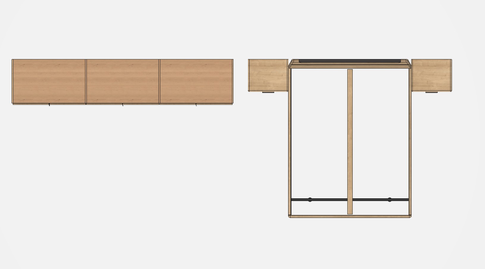 brauner sechstüriger Schrank und Bett mit zwei Konsolen Ansicht von oben vor weißem Hintergrund