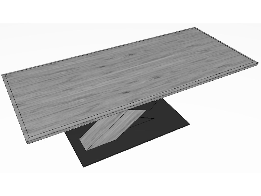 Rechteckiger Holztisch mit dunklem, Z-förmigem Untergestell auf einer schwarzen Basis