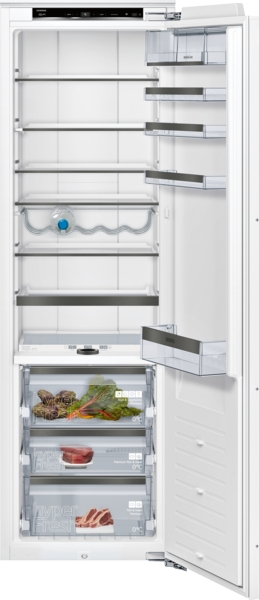 Siemens studioLine - Einbau-Kühlschrank iQ700 (177.5x56 cm) INKL. 5 JAHRE GARANTIE | KI81FHOD0 Einbaukühlschrank mit mehreren Einlegeböden, Türregalen und gefüllten Gemüsefächern bei geöffneter Tür