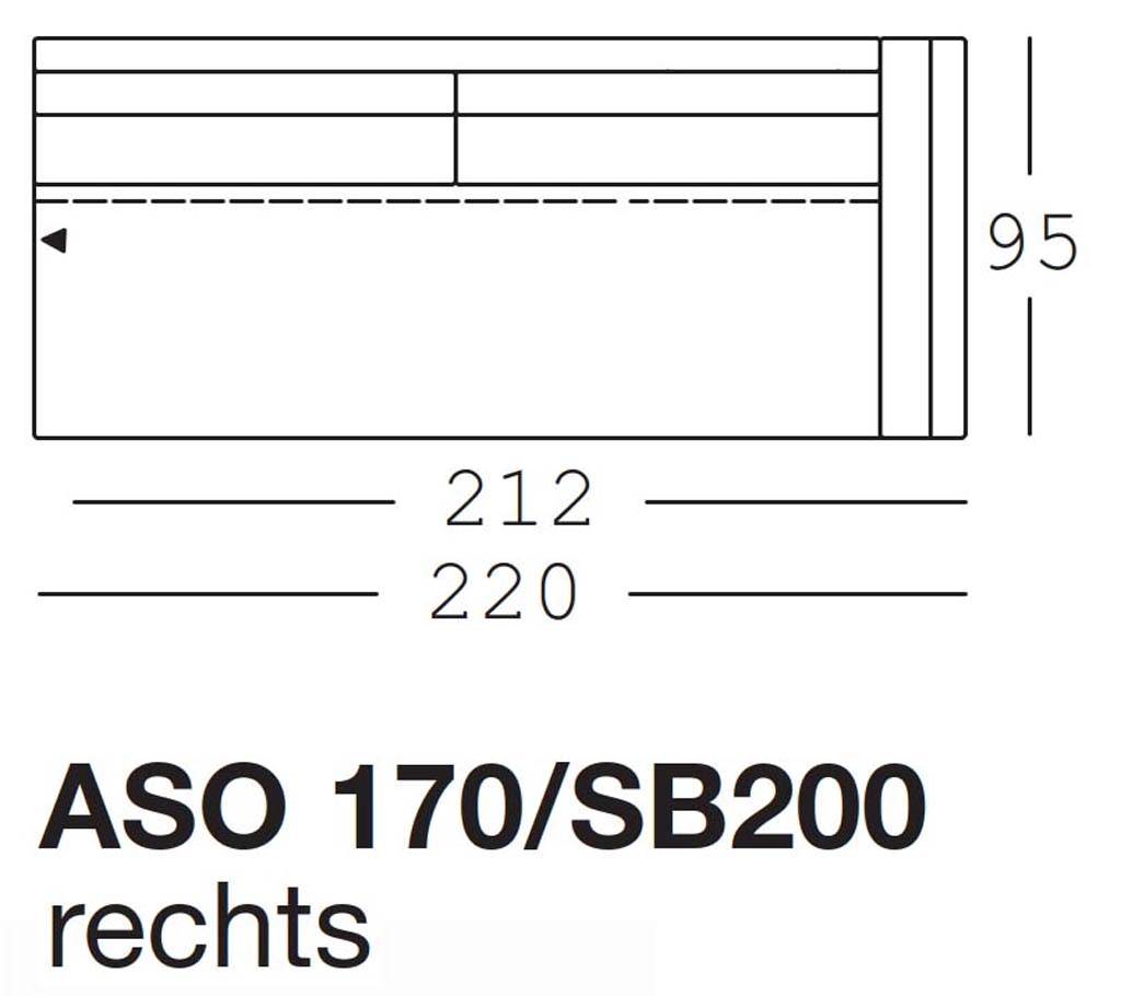 Maßzeichnung eines Sofaelements vor weißem Hintergrund freistil Rolf Benz 170