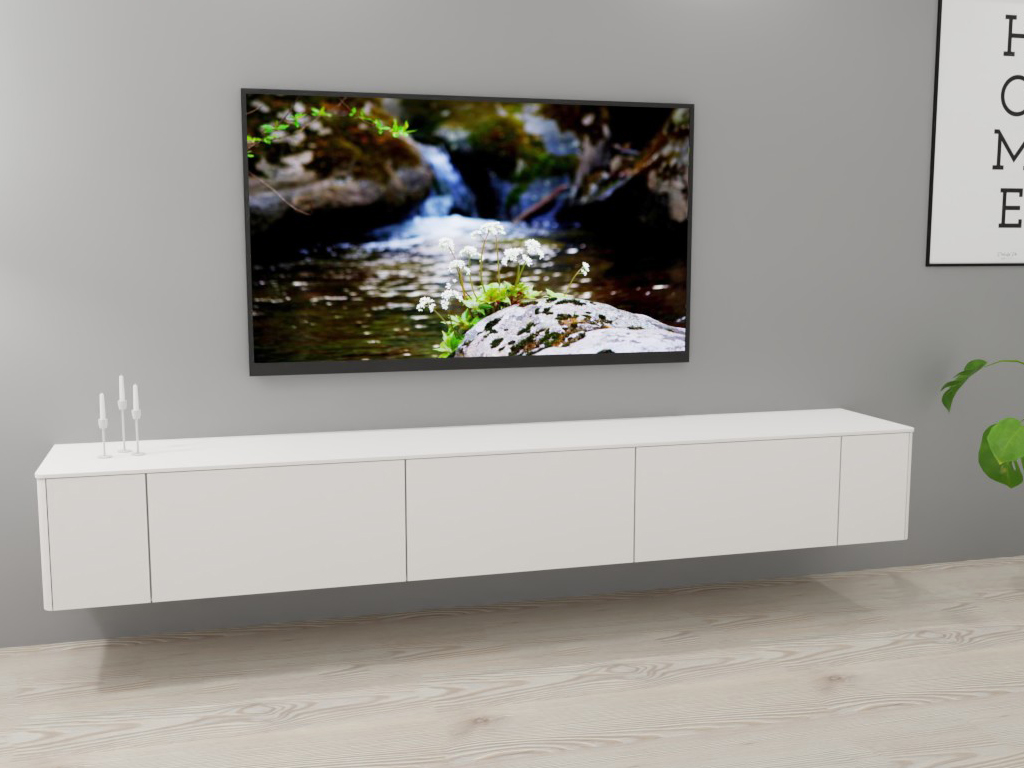 Sudbrock Goya - Lowboard | 2 Türen, 2 Klappen, 1 Schublade | B: 265,2 cm | Lack verkehrsweiß Ein minimalistisch eingerichtetes Zimmer mit einem weißen, schwebenden Sideboard und einem Naturbild, das einen Fluss und Felsen zeigt, an der Wand.