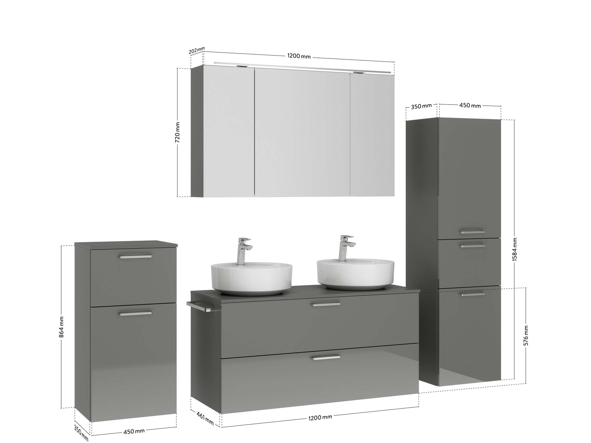 Badezimmermöbel-Set 3 Schränke grau mit Waschtisch und Spiegelschrank Maßzeichnung nobilia