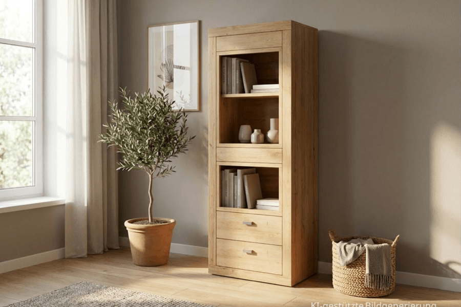 Schrank mit Vitrinenfach aus Holz