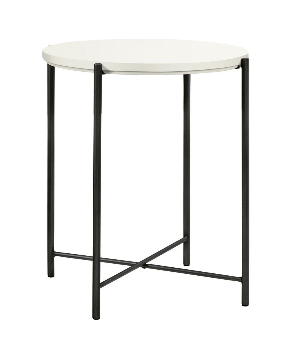 Kleiner weißer beistelltisch mit runder platte auf einem vierfüßigen metallgestell in grau vor weißem hintergrund nali von hasena