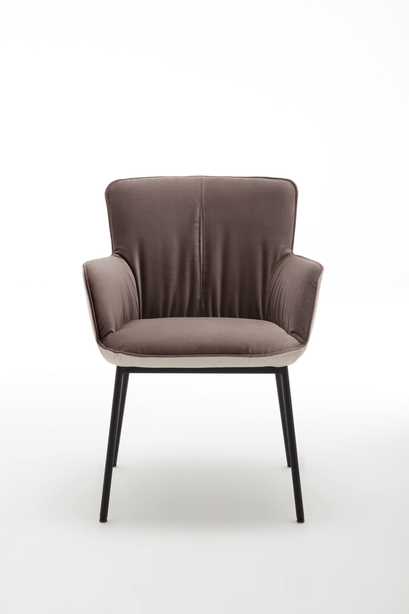 Vorderansicht eines modernen Sessels mit braunem Samtbezug, gepolsterten Armlehnen und eleganten schwarzen Metallbeinen auf weißem Hintergrund