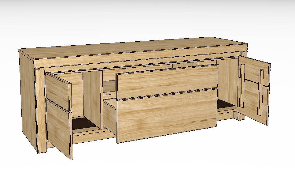 braunes Lowboard mit zwei Türen und zwei Schubladen vor weißem Hintergrund