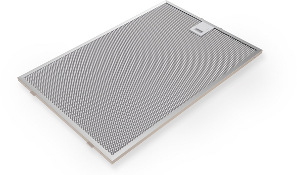 Nahaufnahme des Metallfettfilters: Einzelaufnahme des rechteckigen Metallfettfilters mit einem Griff für die Entnahme.