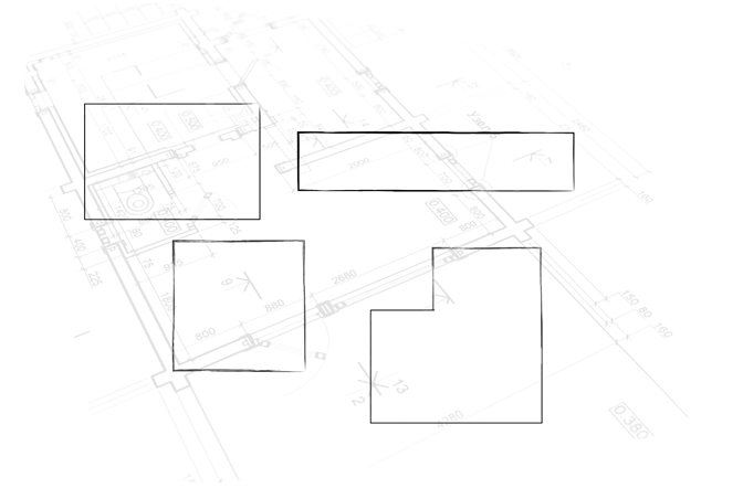 Unterschiedliche Grundrisse, rechteckig, quadratisch und verwinkelt